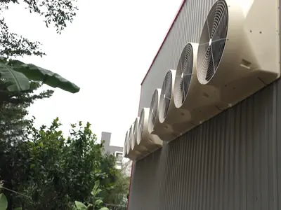 54 吋負壓喇叭扇：廠房外牆整排安裝